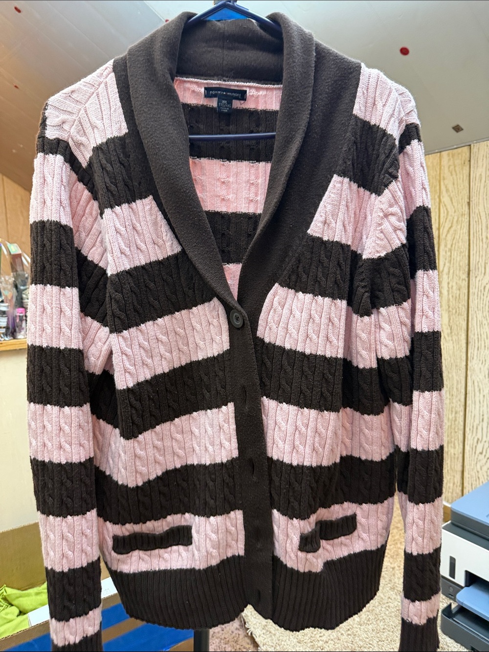 Tommy Hilfiger Pink and Brown Striped Shawl-Collar Cardigan